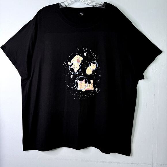 Perout Curve Kittens in Space Graphic Short Sleeve Black T-Shirt Plus Size 3XL - Picture 1 of 10